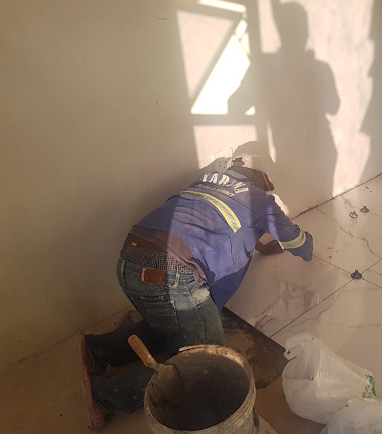 Wall tiling in progress